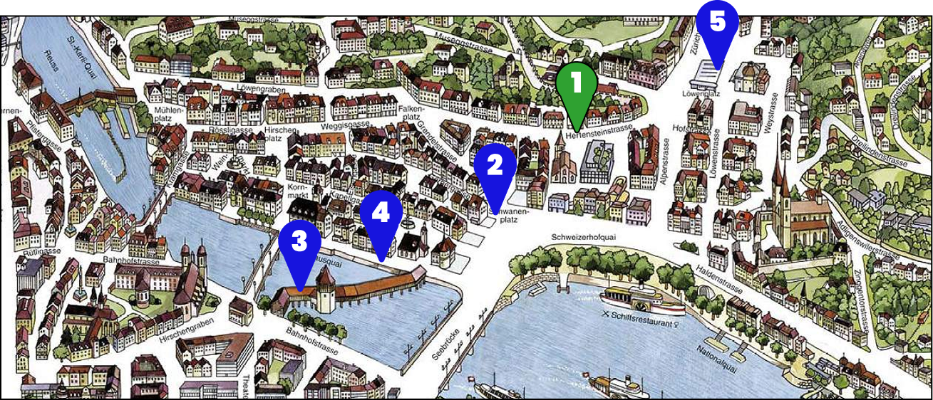 Stadtplan von Luzern mit markierten Orten